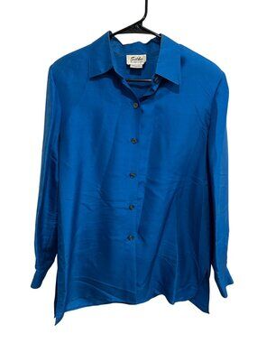 Silks By Joan Leslie 100% Silk Button Up Shirt Blue Size 8 Retro Minimalist